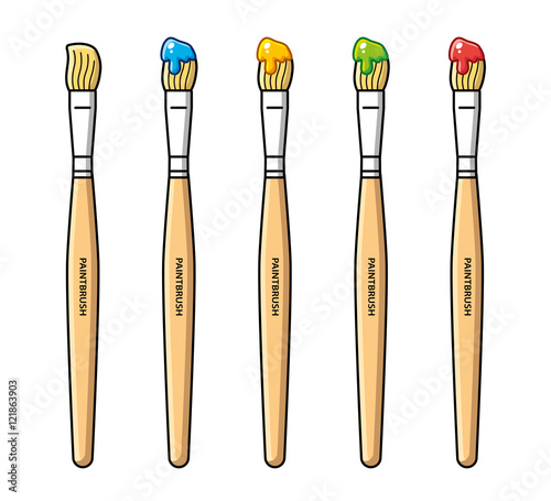 Paintbrushes with paint in different colors, vector icons set isolated.