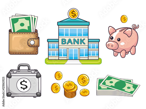 Bank building, coins and banknotes, piggy moneybox, wallet with money, briefcase with a dollar sign. Banking icons set isolated.