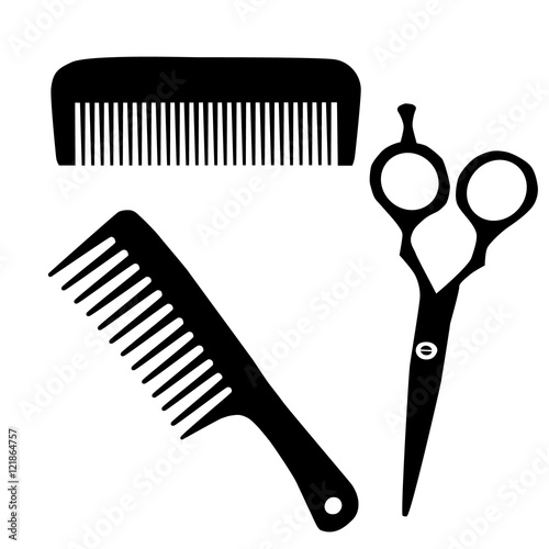 Barber comb and scissor black silhouette icon. Vector illustration