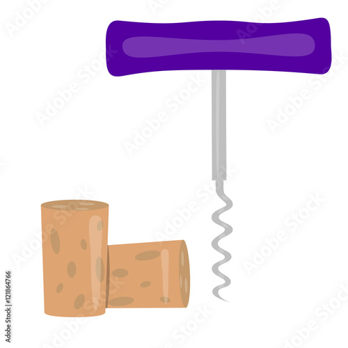 Brown cork plug and corkscrew. Vector illustration