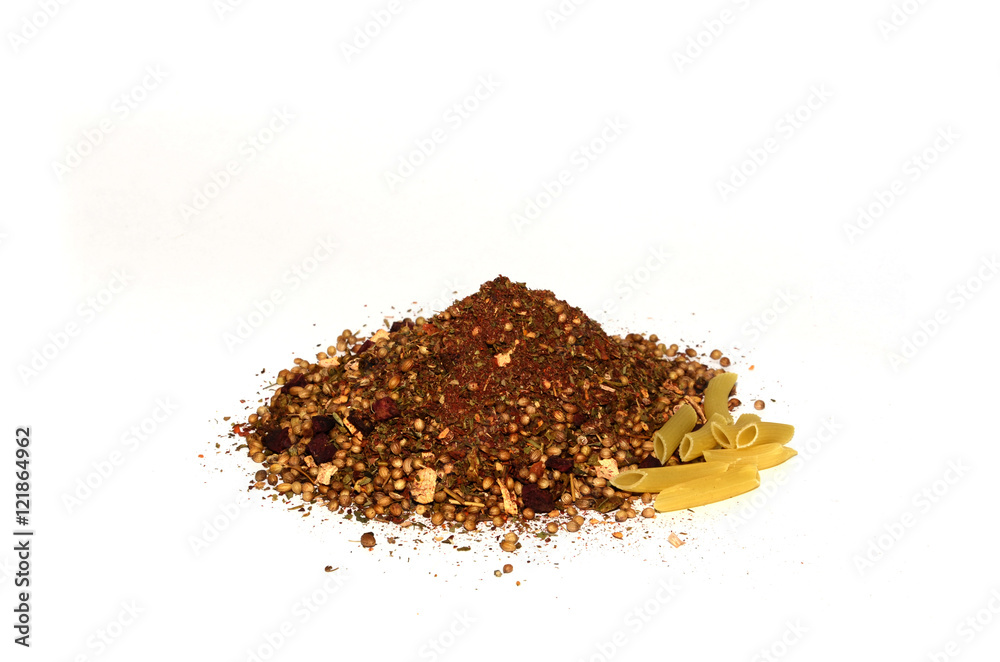 pasta and spices on a white background pasta and spices on a white background