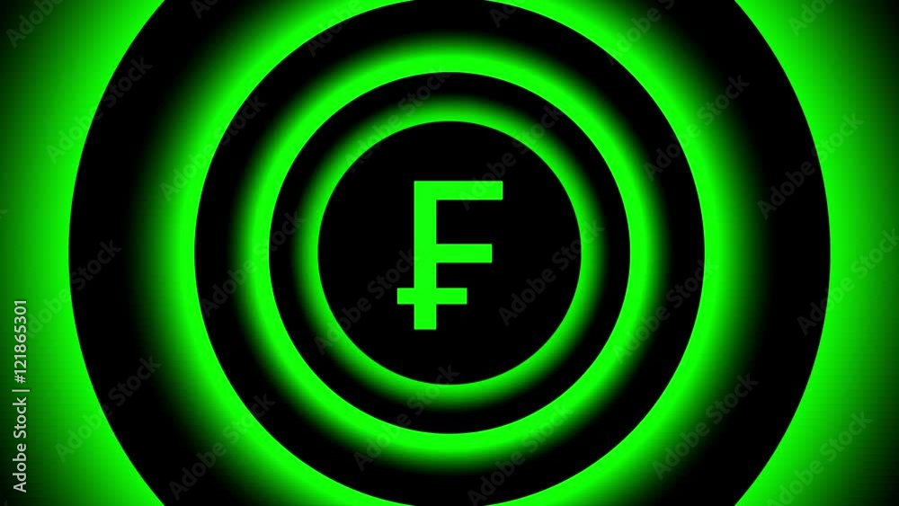 Growing Swiss frank sign surrounded by green blurred circles - visual illusion. 3D rendering Switzerland frank seamless looping animation 3840x2160, 4k. Growing Swiss frank sign surrounded by green blurred circles - visual illusion. 3D rendering Switzerland frank seamless looping animation 3840x2160, 4k.