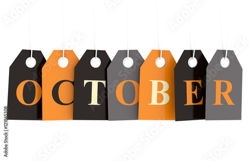 October tag on colored hanging labels isolated on white background