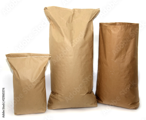 Blank brown craft paper bags isolated on white background