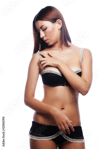  brunette woman in black lingerie
