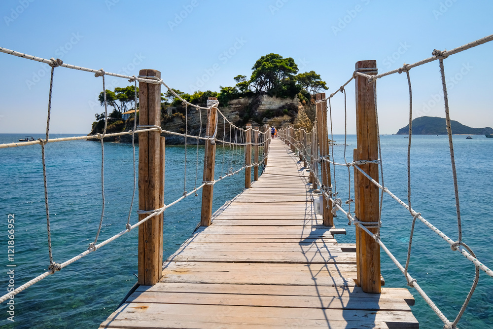 View of the wooden bridge to Agios Sostis island, Zakynthos