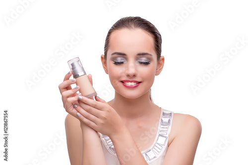 Woman with bottle of perfume isolated on white