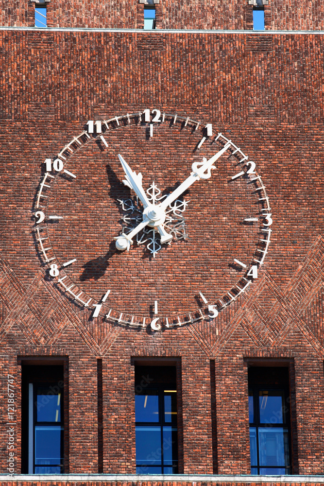 large clock on City Hall (Radhuset), Oslo, Norway