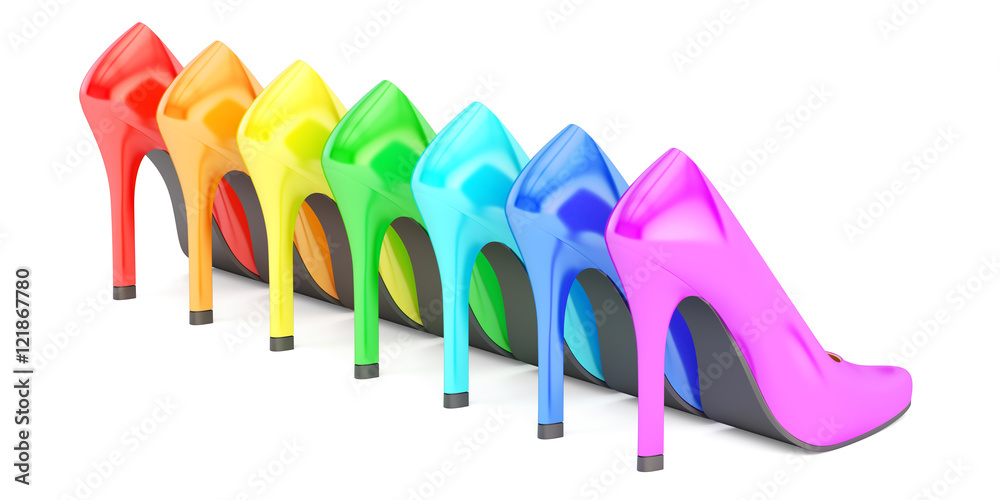 row from colored high heel shoes, back view. 3D rendering row from colored high heel shoes, back view. 3D rendering