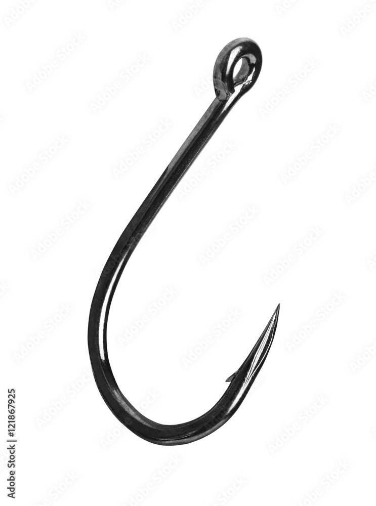 Stainless steel fishing hook close up on white background