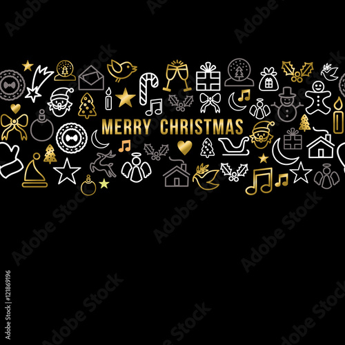 Merry christmas pattern with gold line icons