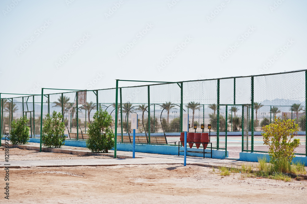 Tennis court on sand of Egypt at sunny day