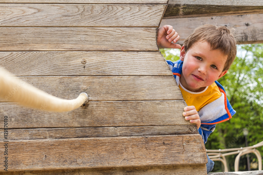 Εκτύπωση καμβά Boy at wooden pirate sheep, Luxembourg