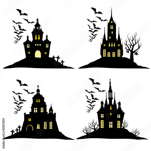 Haunted house. Set of Halloween black castle silhouette with bats and cemetery vector illustration