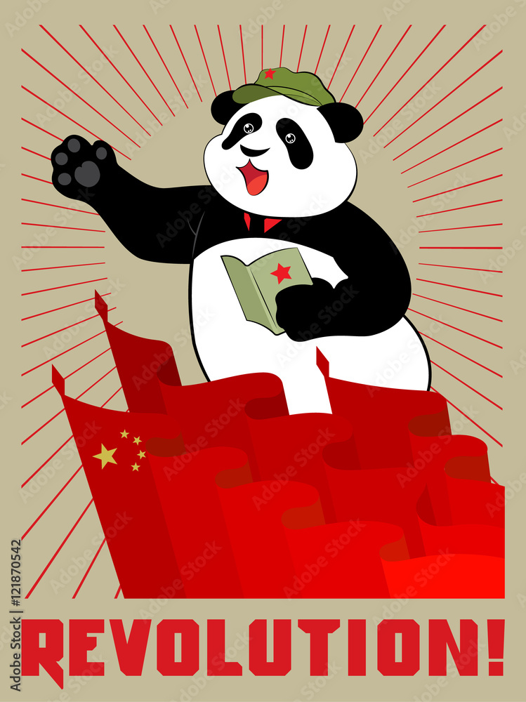 Fototapeta premium Panda in the cap with a red star holds in paws quote pad Mao Zedong on meeting. Red flags, the sun's rays and the inscription revolution. Poster in the China communist style.
