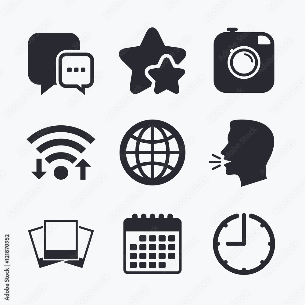 Social media icons. Chat speech bubble and Globe Social media icons. Chat speech bubble and Globe