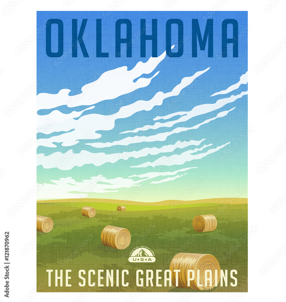 Naklejka premium Oklahoma, United States retro travel poster or luggage sticker. Scenic field with round hay bales vector illustration