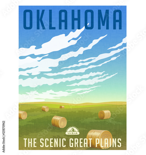 Oklahoma, United States retro travel poster or luggage sticker. Scenic field with round hay bales vector illustration