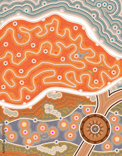 An illustration based on aboriginal style of dot painting depict