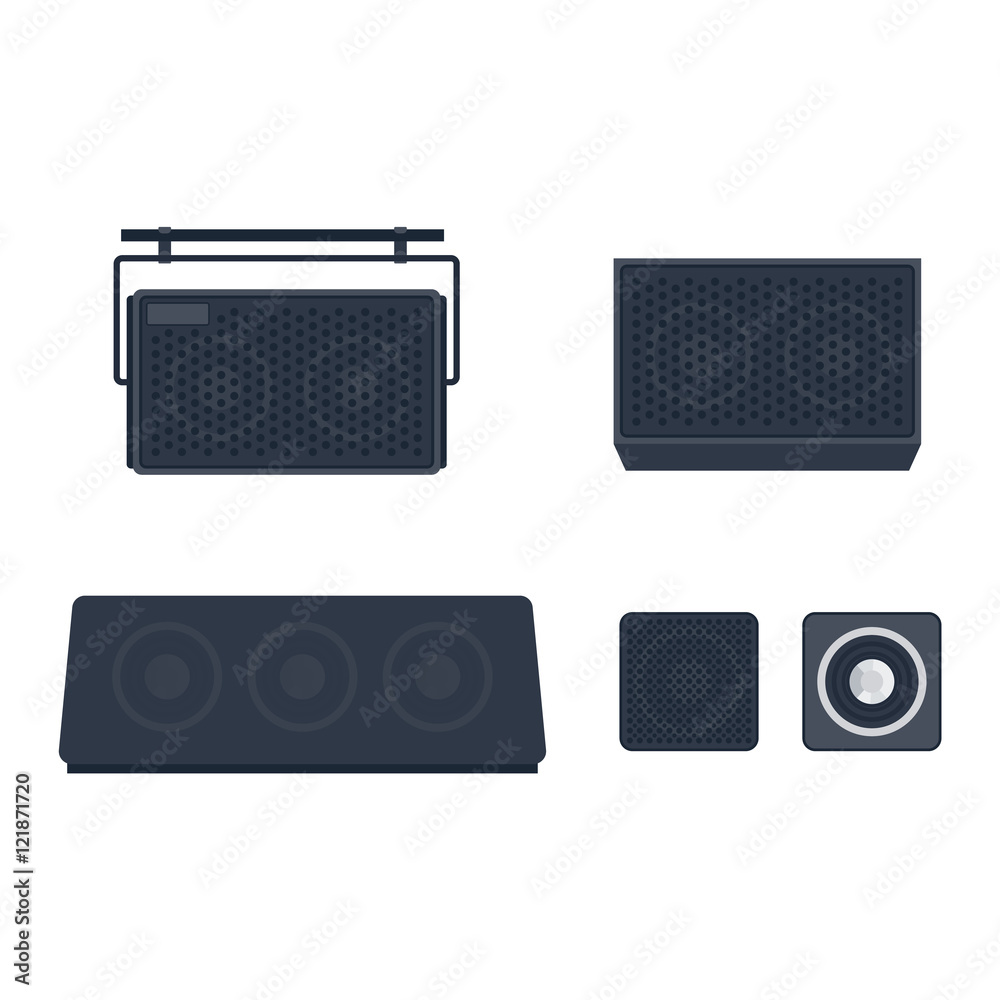 Obraz premium Musical columns speaker bass equipment isolated on white background. Vector column speaker loudspeaker loud volume modern musical system. Disco electronics professional technology column speaker.