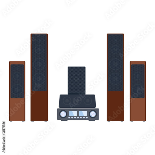 Home sound system. Home stereo flat vector music systems for music lovers. Loudspeakers player receiver subwoofer remote music systems for listening to music. Loudspeakers stereo equipment technology.