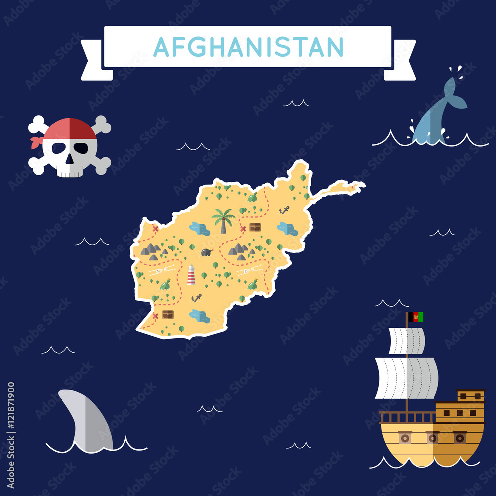 Flat treasure map of Afghanistan. Colorful cartoon with icons of ship, jolly roger, treasure chest and banner ribbon. Flat design vector illustration.