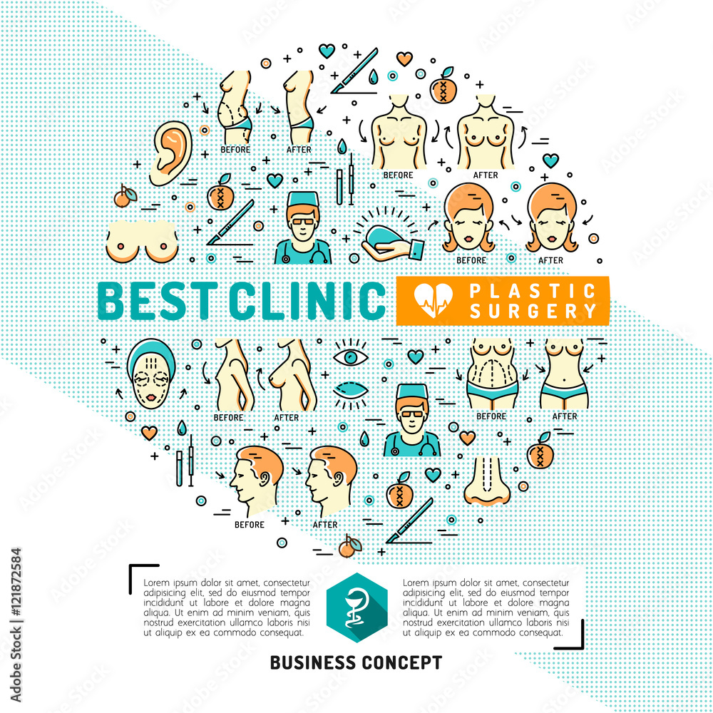Medical Card, flyer for plastic surgery clinics. Infographics medical flat symbols, Medicine graphic design, Vector circle colorful template. Business concept Health and Beauty, Vector illustration