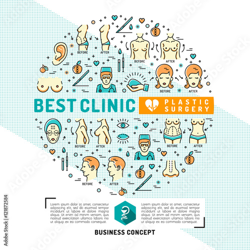 Medical Card, flyer for plastic surgery clinics. Infographics medical flat symbols, Medicine graphic design, Vector circle colorful template. Business concept Health and Beauty, Vector illustration © Decobrush