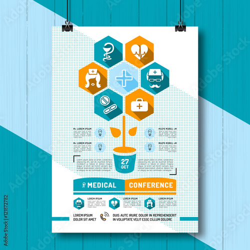 Medical Conference Poster, Flat infographics, business style. Linear icons Medicine and Health. Placard, banner or flyer for medical clinics, Vector illustration
