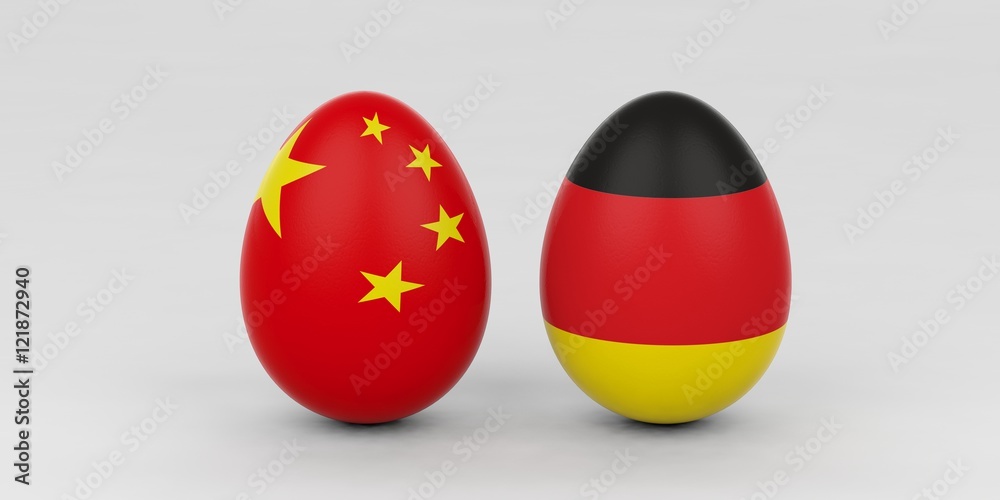 Fototapeta premium China and Germany flags on eggs. 3d illustration
