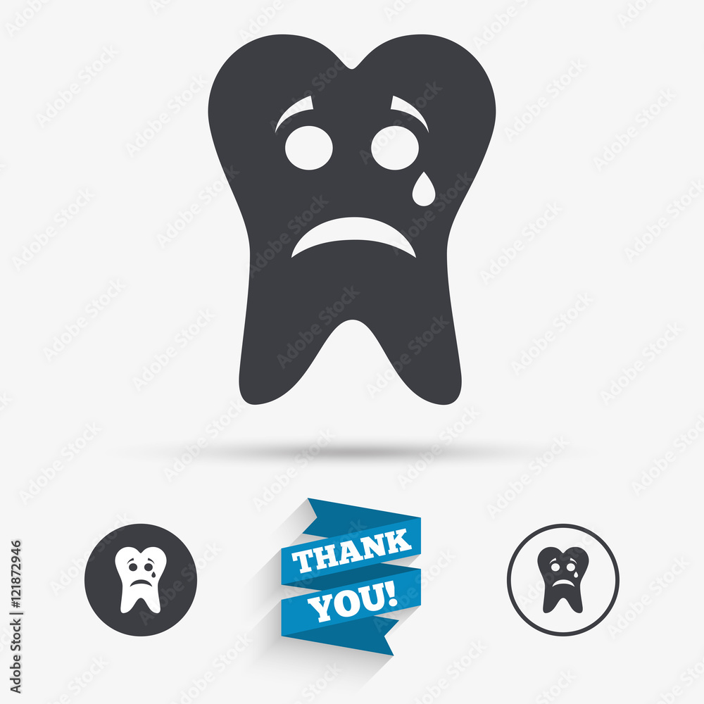 Tooth sad face with tear sign icon. Aching tooth