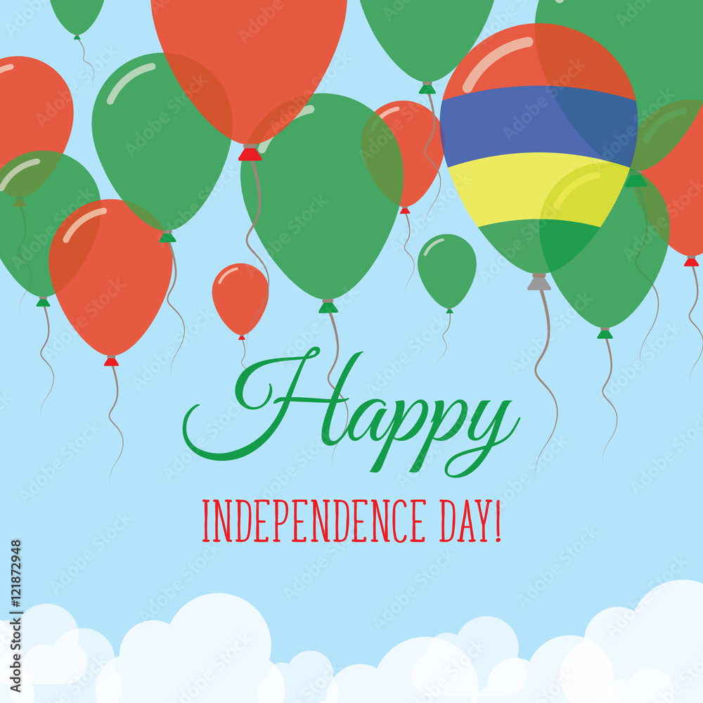 Mauritius Independence Day Flat Greeting Card. Flying Rubber Balloons in Colors of the Mauritian Flag. Happy National Day Vector Illustration.