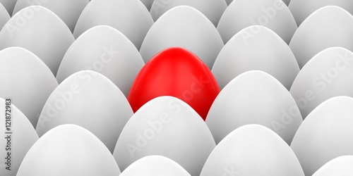 Red egg on white eggs background. 3d illustration