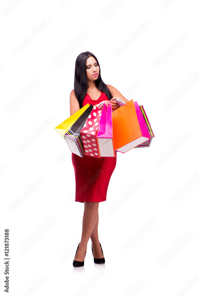 Woman in red dres after shopping isolated on white Woman in red dres after shopping isolated on white