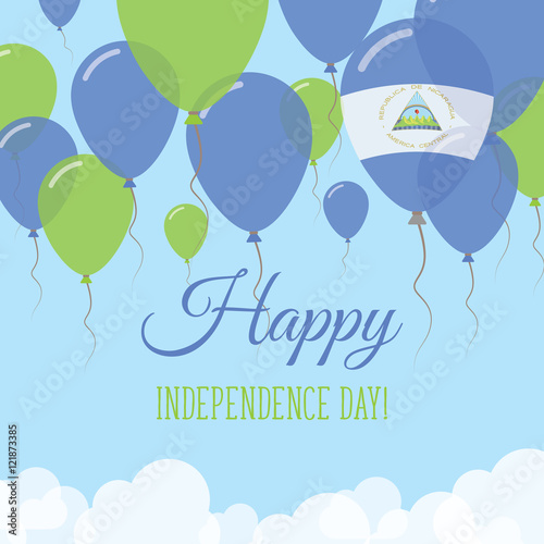 Nicaragua Independence Day Flat Greeting Card. Flying Rubber Balloons in Colors of the Nicaraguan Flag. Happy National Day Vector Illustration.