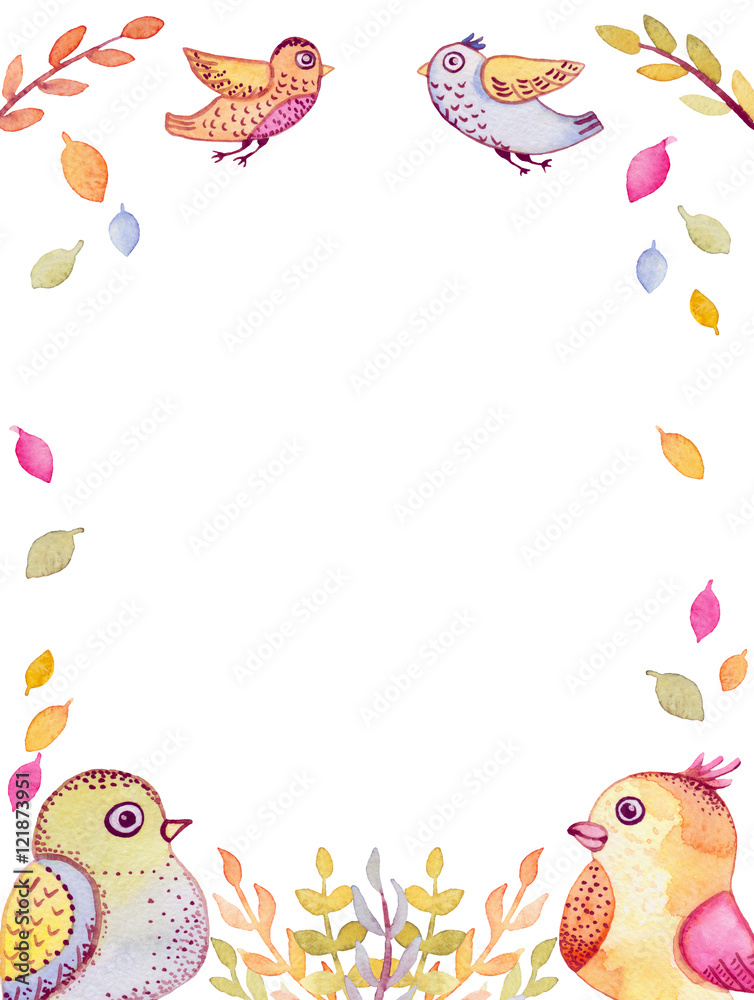 Frame With Watercolor Funny Flying Birds And Leaves