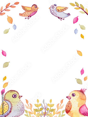 Frame With Watercolor Funny Flying Birds And Leaves © Nebula Cordata