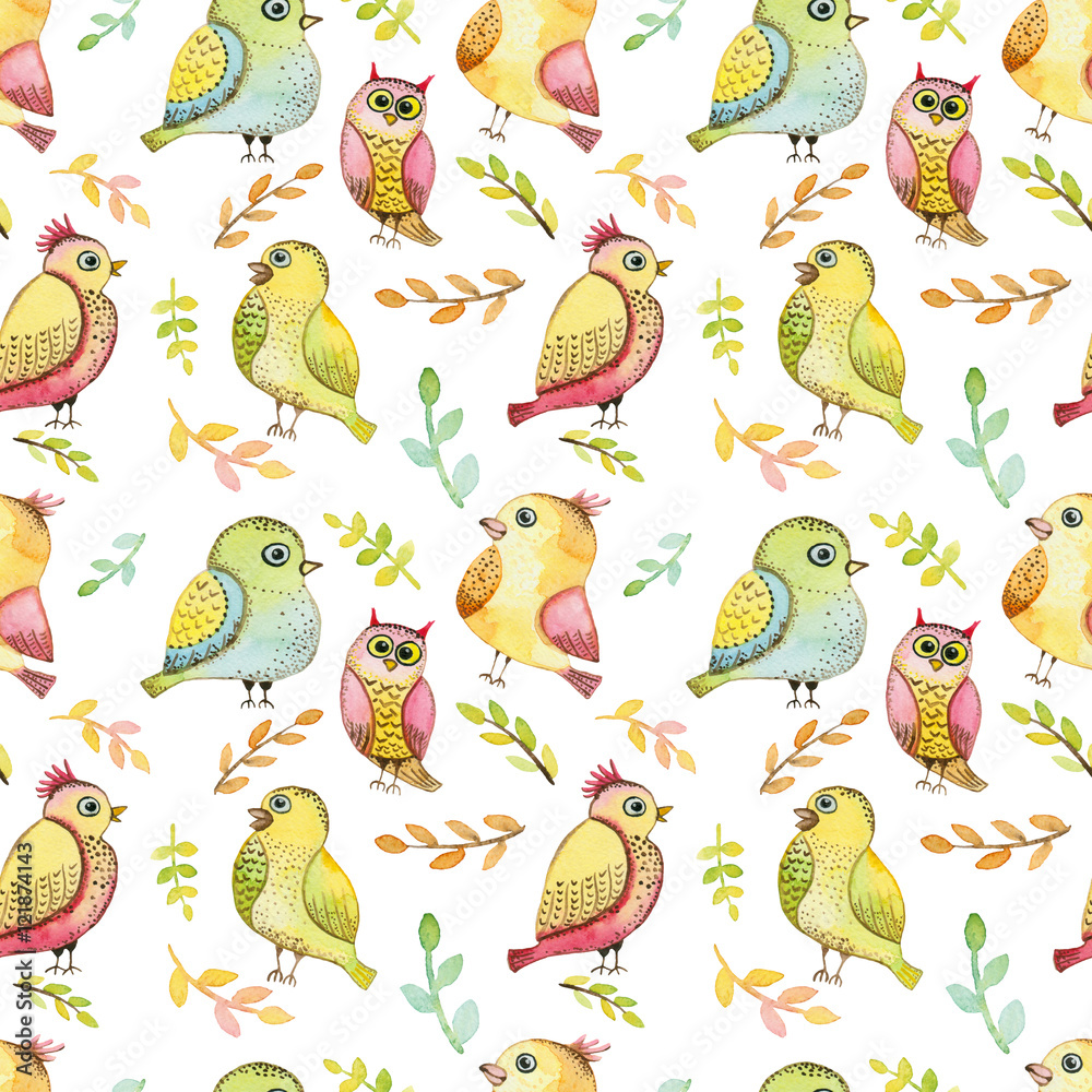 Repeat Pattern With Watercolor Green and Yellow Birds