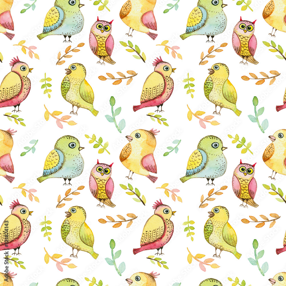 Repeat Pattern With Watercolor Green and Yellow Birds Repeat Pattern With Watercolor Green and Yellow Birds