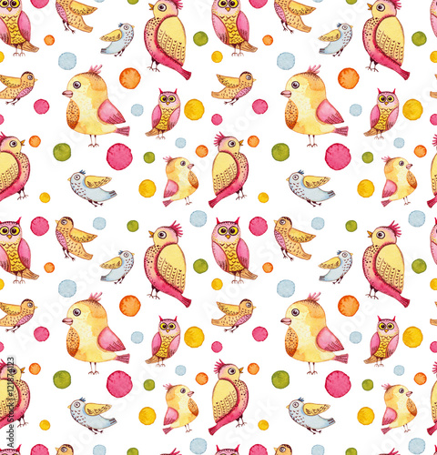 Watercolor Dots and Bright Funny Birds Seamless Pattern