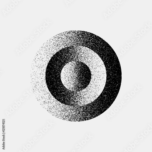 Black abstract geometric shape, circle badge with film grain, noise, dotwork, grunge texture and light background for logo, design concepts, posters, banners, web, prints. Vector illustration.