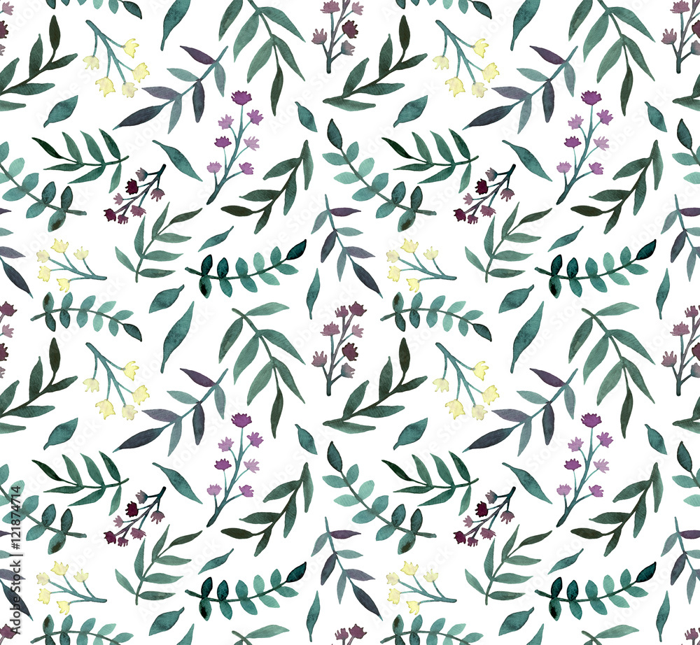Watercolor Deep Green Leaves and Little Flowers Seamless Pattern Watercolor Deep Green Leaves and Little Flowers Seamless Pattern