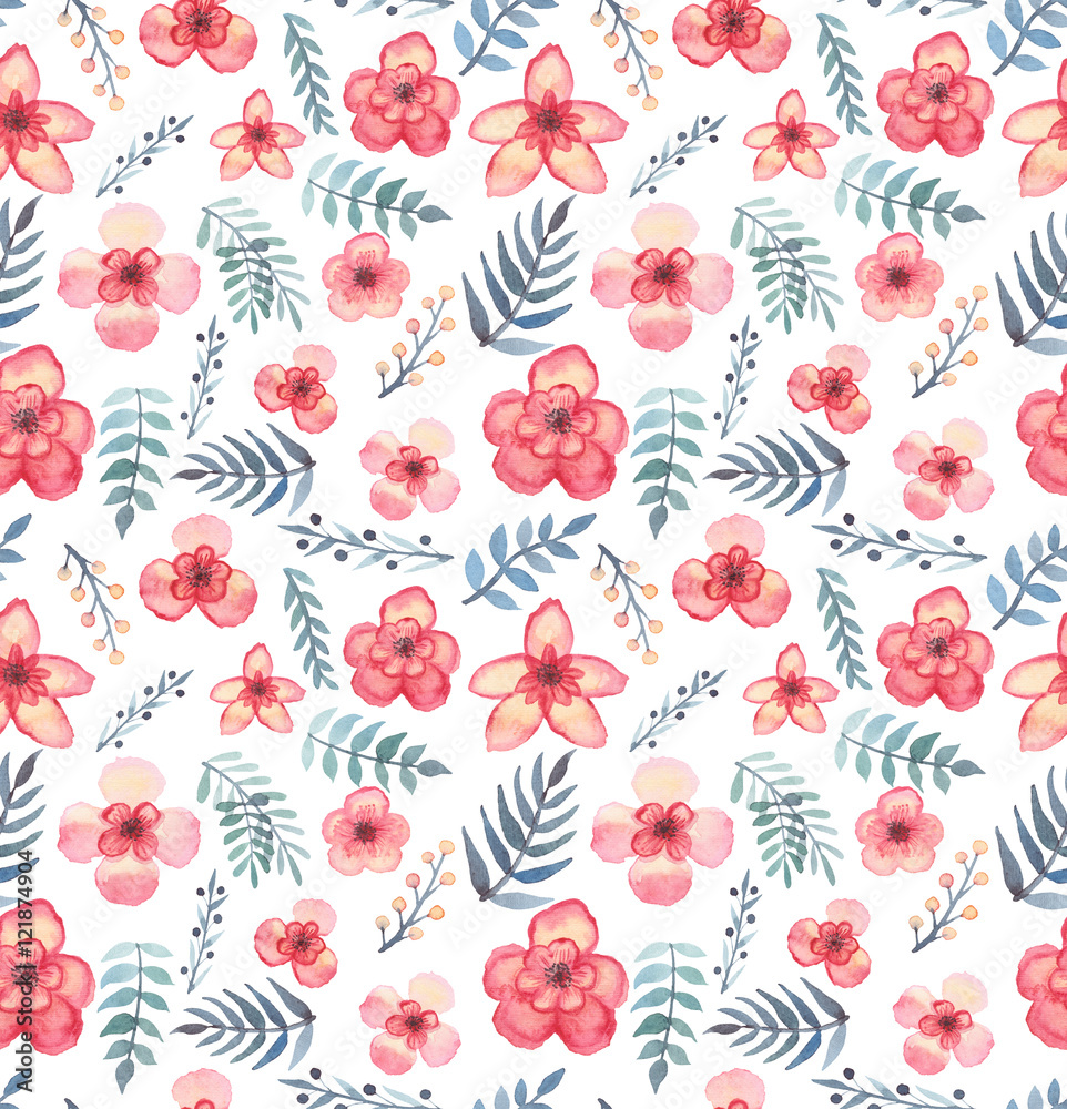 Seamless Texture With Watercolor Tropical Light Red Flowers And Blue Leaves