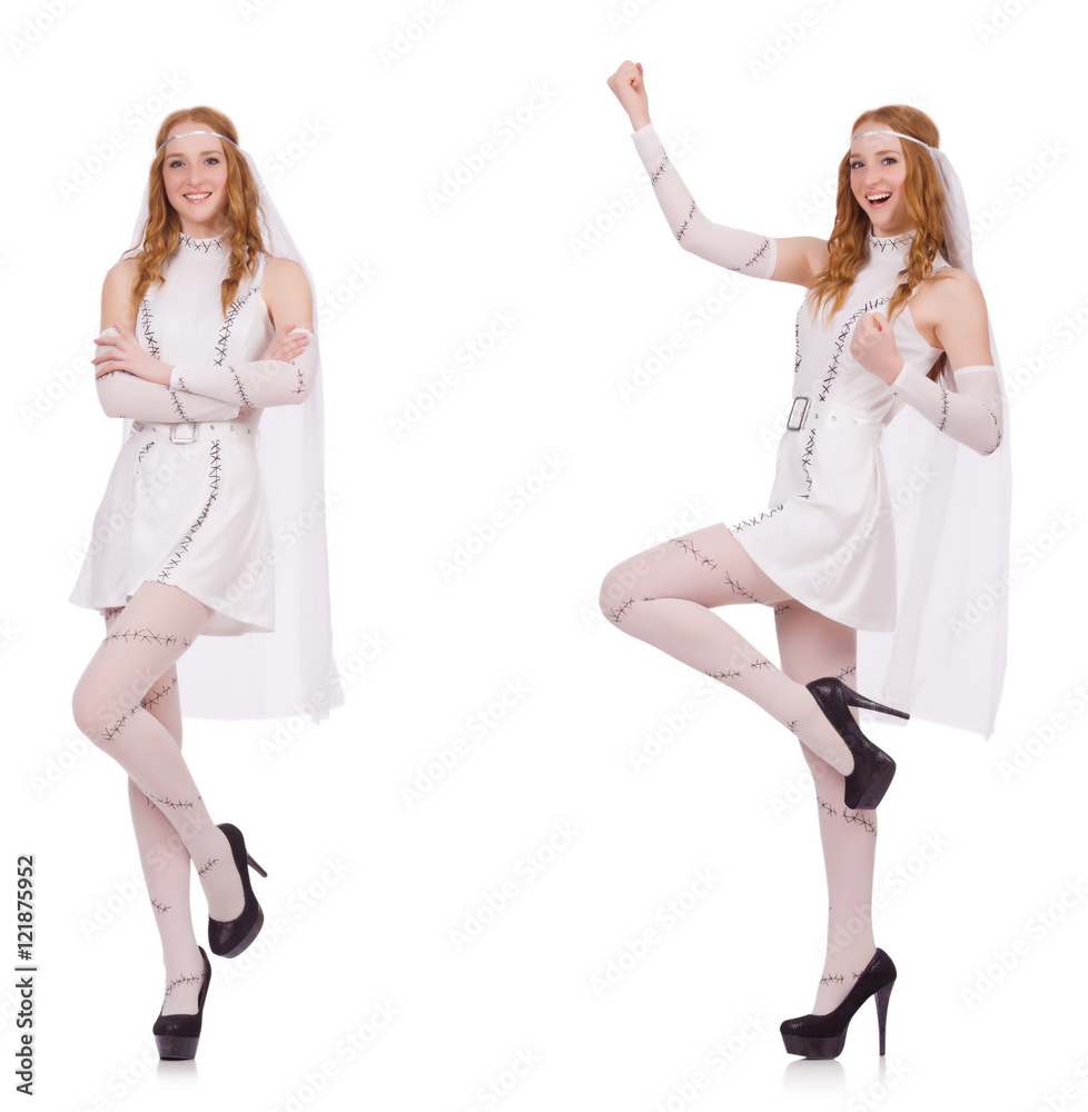 Pretty lady in light charming dress isolated on white Pretty lady in light charming dress isolated on white