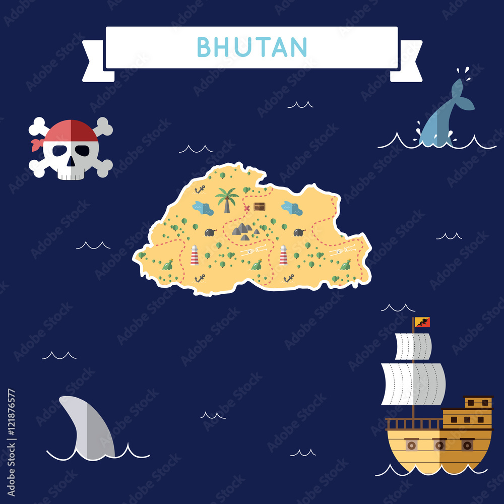 Flat treasure map of Bhutan. Colorful cartoon with icons of ship, jolly  roger, treasure chest and banner ribbon. Flat design vector illustration.  Stock Vector | Adobe Stock