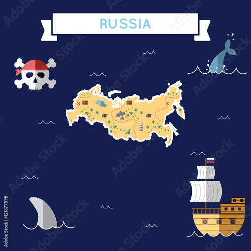 Flat treasure map of Russian Federation. Colorful cartoon with icons of ship, jolly roger, treasure chest and banner ribbon. Flat design vector illustration.
