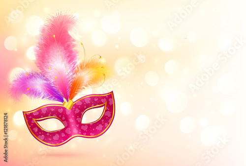 Fototapeta Naklejka Na Ścianę i Meble -  Pink carnival mask with colorful feathers vector banner background