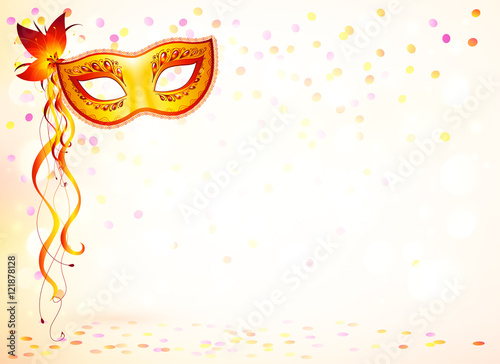 Orange vector carnival mask on pink bokeh light background