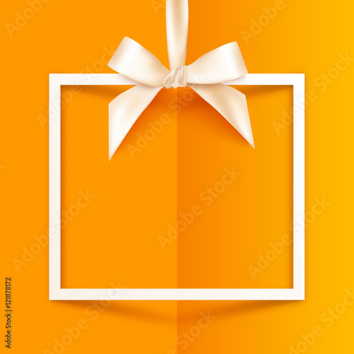 White vector gift box frame with silky bow and ribbon on orange folded paper background