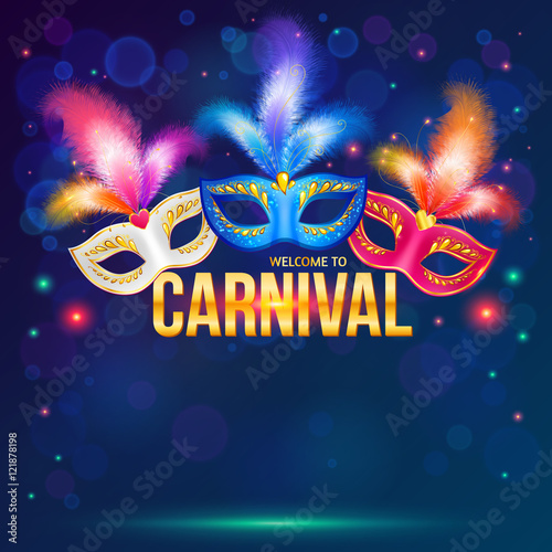 Bright carnival masks on dark blue background, vector flyer template.